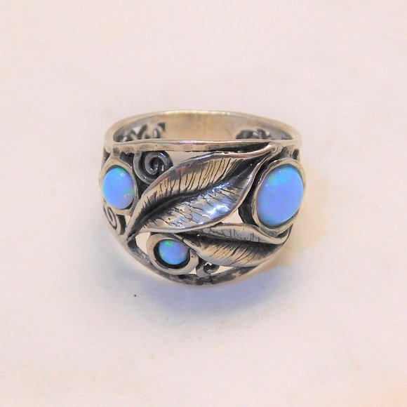 925 Unique Sliver Leaf Scroll Australian Opal Ring - Picture 5 of 10